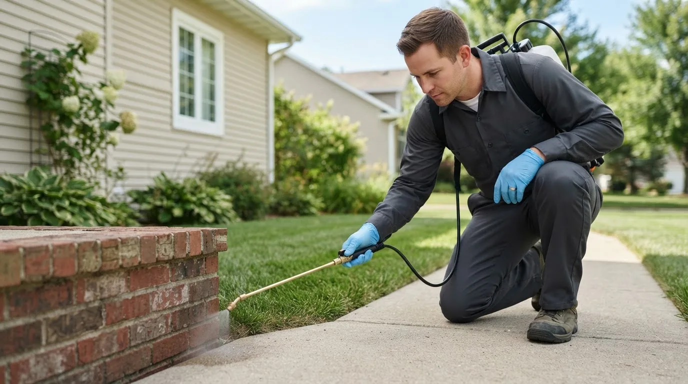 Pest control technician treating a home near Ben Wheeler, TX